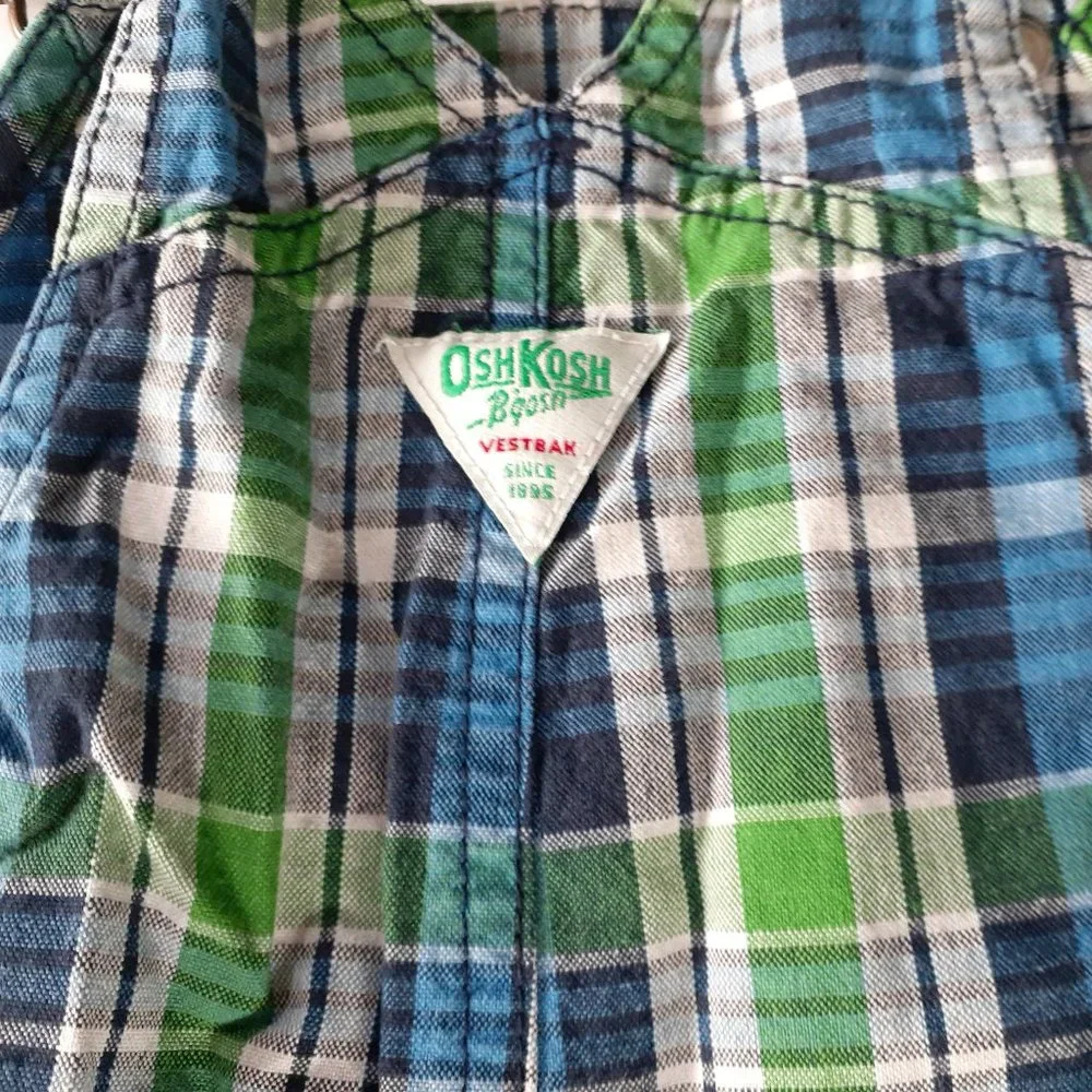 Oshkosh Boys Overall Shorts Green Blue Plaid Shoralls 18 Months
